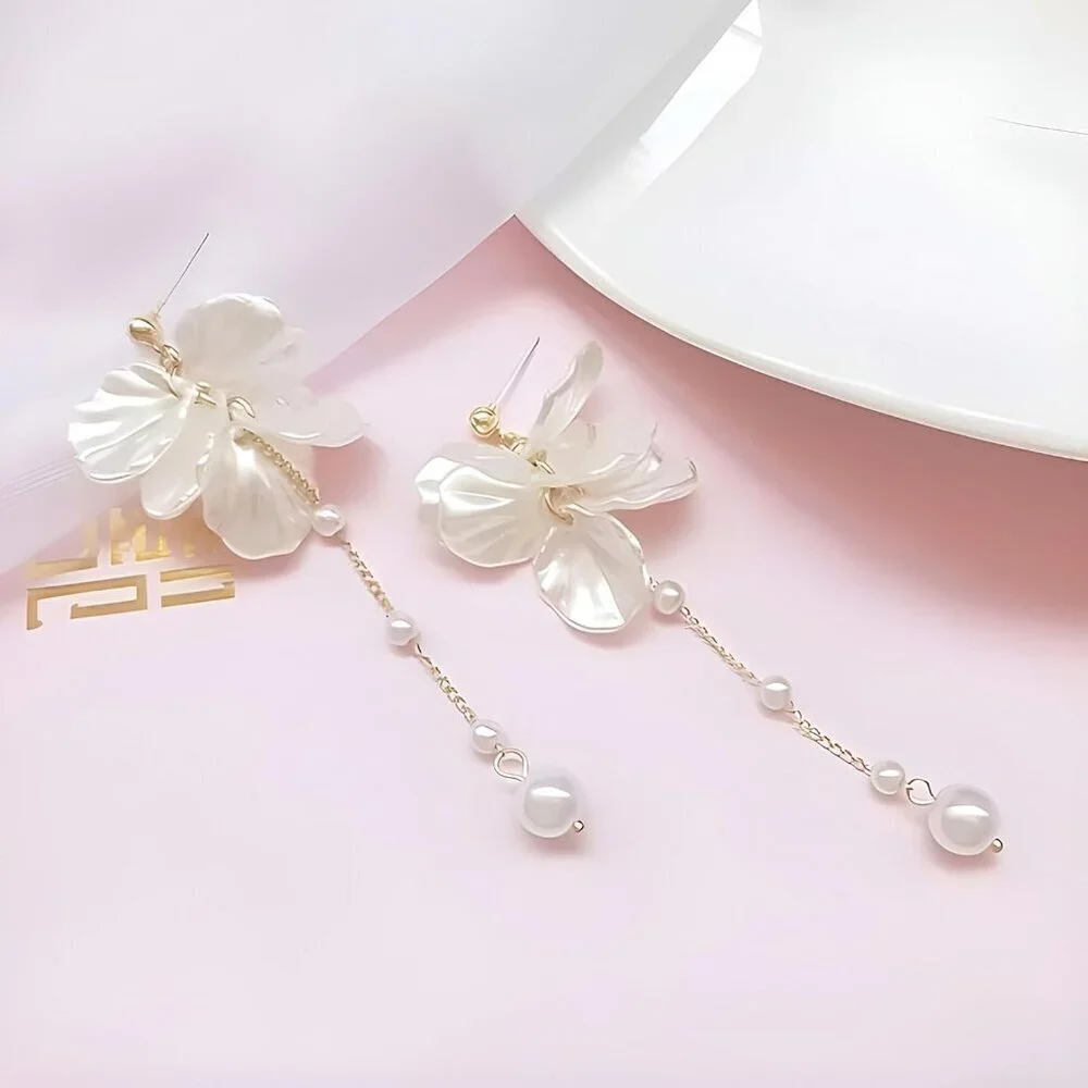 Pearl Flower Dangle Earrings Faux Pearls Beach Wedding Drop Jewelry